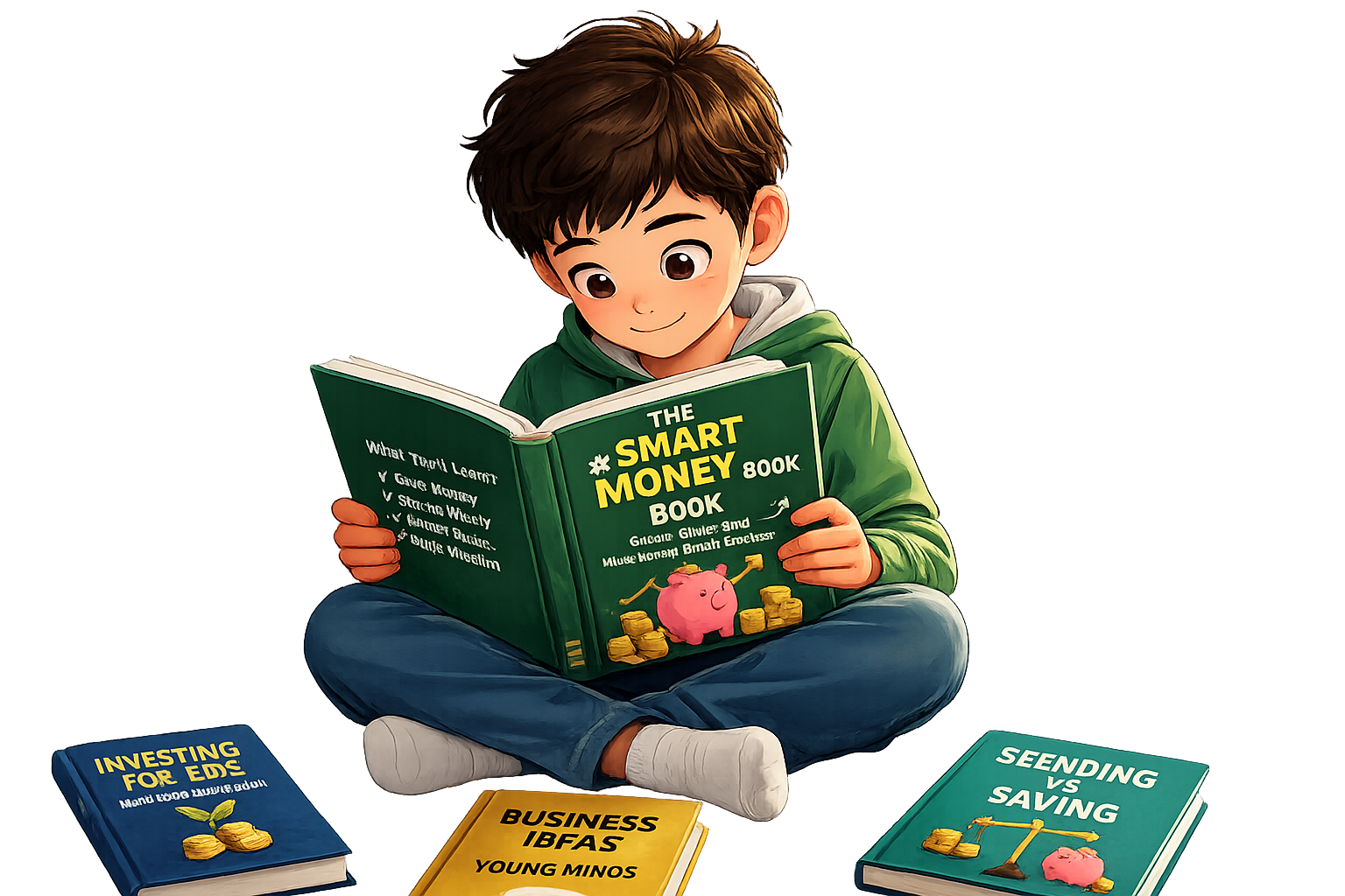 Child reading financial literacy books